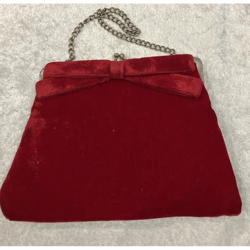 Vintage Red Velvet Kiss Lock Purse Bow On Front Silver Chain Strap Black Lining